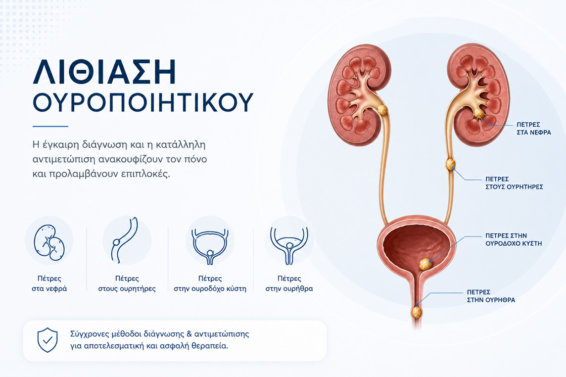 Απεικόνιση της λιθίασης του ουροποιητικού συστήματος με ανατομικό διάγραμμα νεφρών, ουρητήρων, ουροδόχου κύστης και ουρήθρας